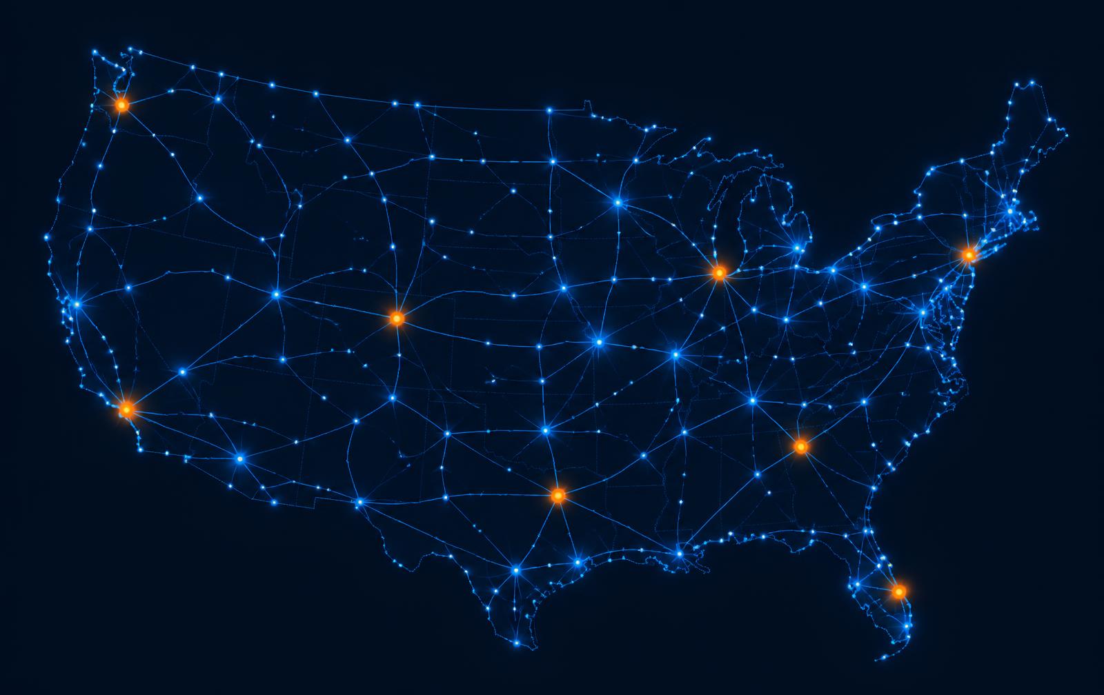 Map of the United States showing MTS Log freight lanes and coverage nodes